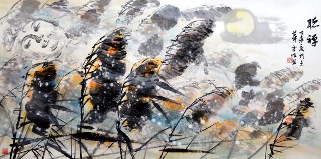 听禅 国画 68X136cm.JPG
