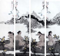 类维顺作品山花四条屏 