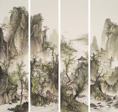 周扬波作品设色山水四条屏